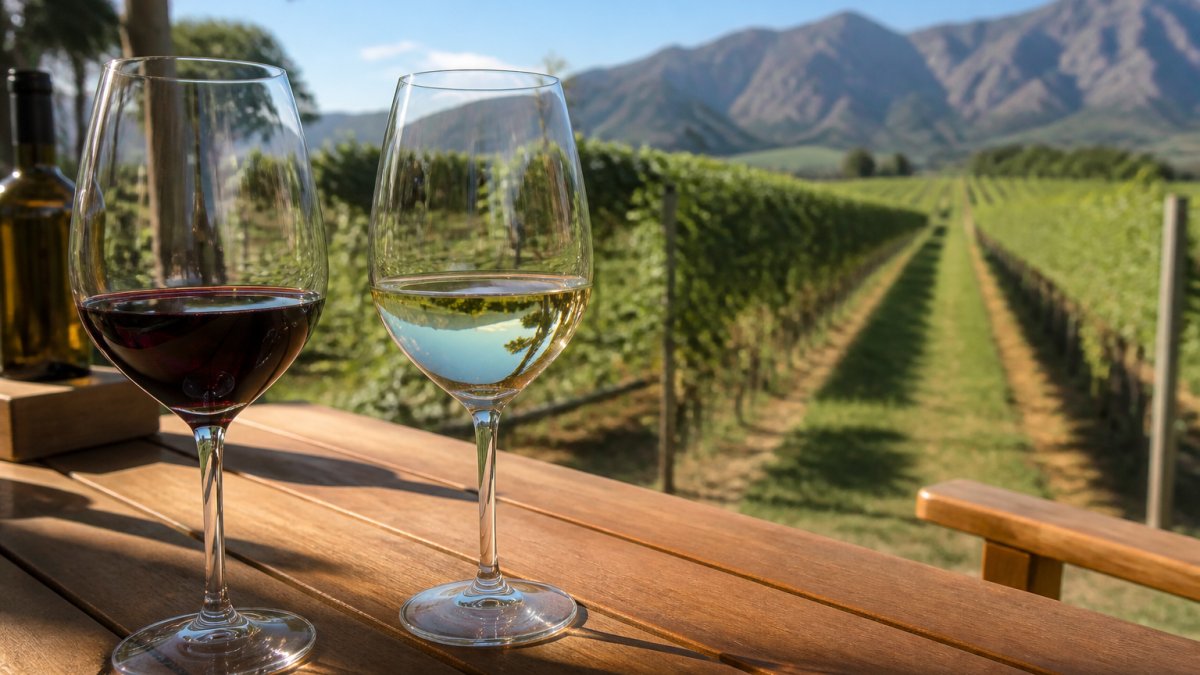 Close-up of wine glasses filled with deep red and crisp white estate-grown wines on a wooden table overlooking vineyard rows and mountain peaks in afternoon sunlight