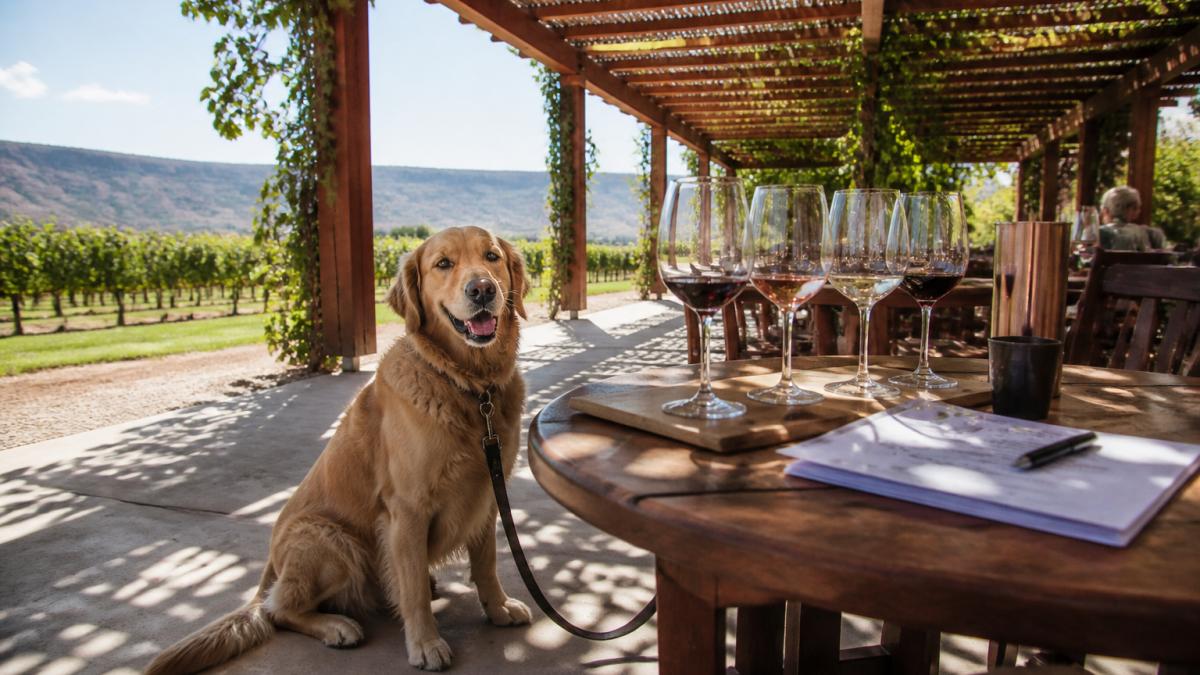 Infographic guide to planning a visit to dog-friendly wineries Palisade with a golden retriever on a patio.