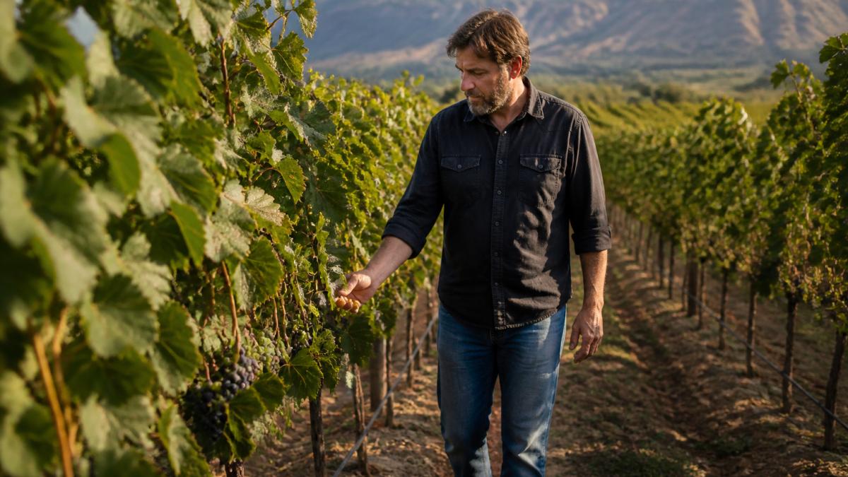 A winemaker walking through rows of grapevines at a small estate vineyard in late summer, inspecting fruit clusters by hand under warm afternoon light