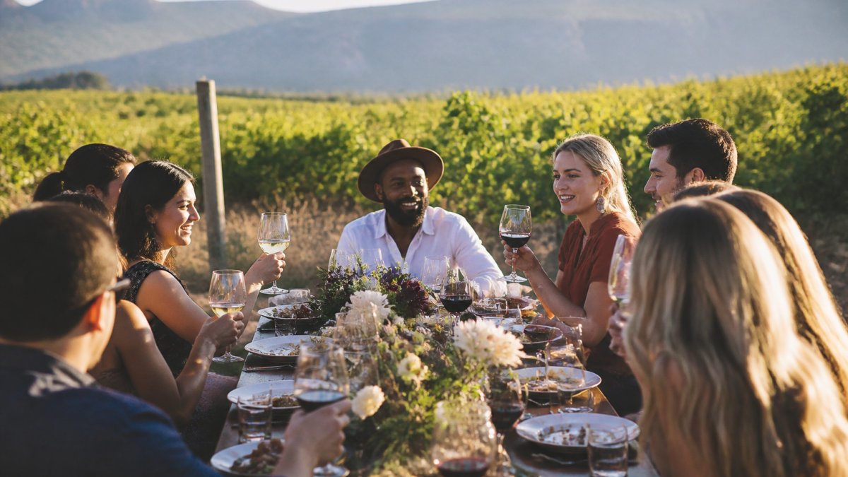 Infographic illustrating the first step to book private winery events, showing a vineyard gathering of guests.
