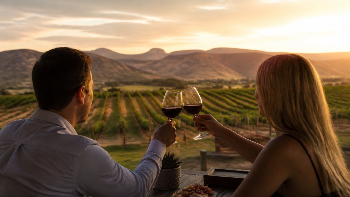 A couple toasting with wine glasses at sunset overlooking vineyard rows and desert mountains in the background, warm golden light