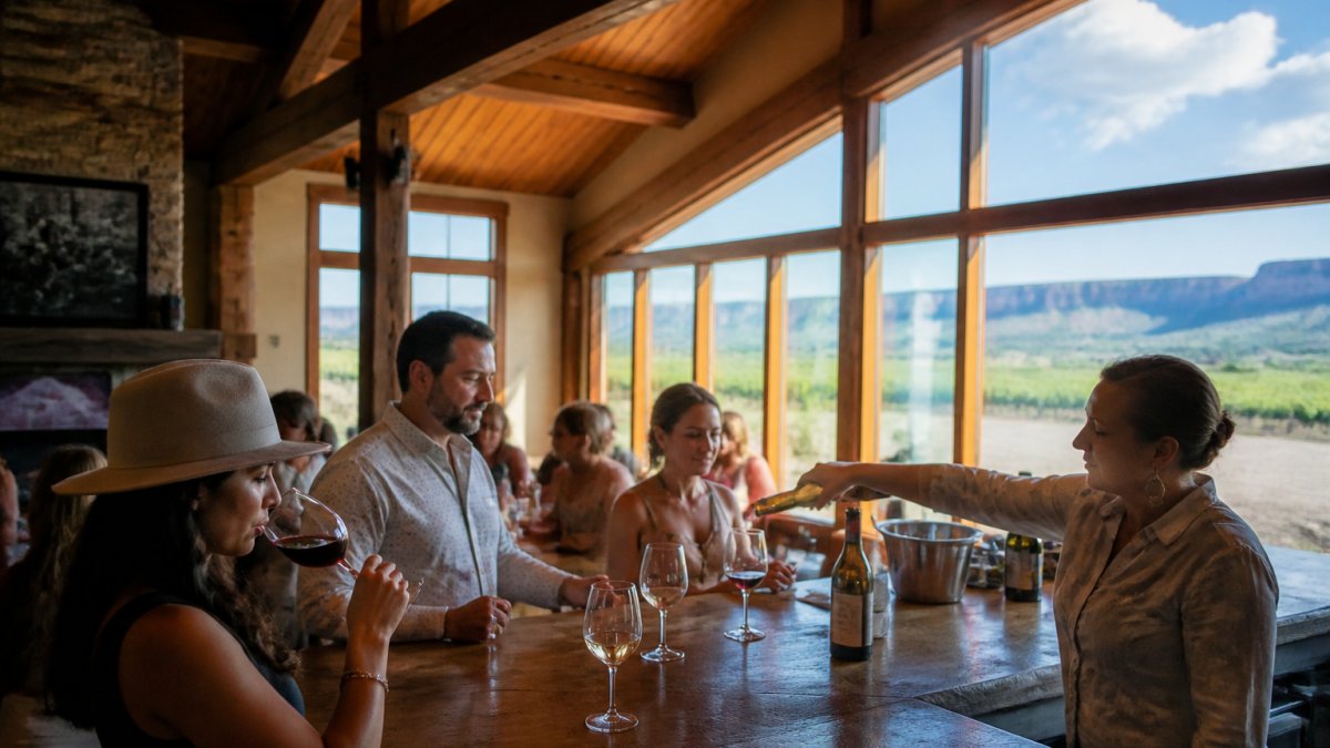Guests enjoying a wine tasting at a Restoration Vineyards alternative for wine tours with scenic vineyard views.