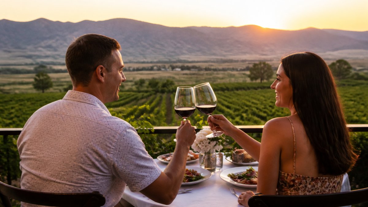 Couple toasting with wine glasses at an elegant outdoor table overlooking vineyard rows and mountain scenery at golden hour sunset