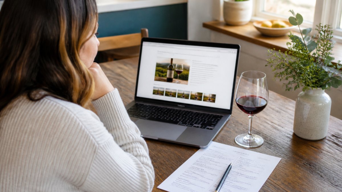 A person sitting at a kitchen table with a laptop open to a wine review website, a glass of red wine and a printed tasting menu beside them, natural window light