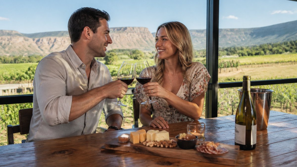 Couple enjoying wine together at a tasting room table with vineyard views visible through large windows behind them, both holding wine glasses and smiling